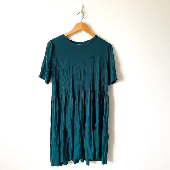 Zara Wrinkle Look Babydoll  Tiered Dress Teal Size Small - Picture 2 of 6